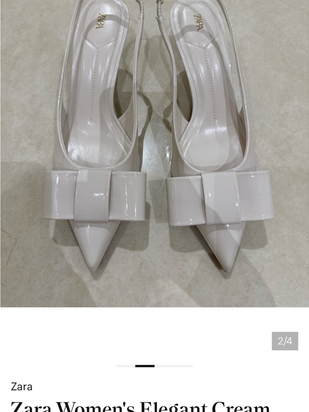 Zara Cream Patent Pointed Slingback Heels with Bow Accent